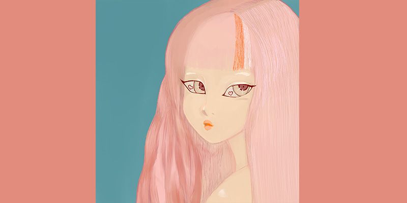 ピンク髪の女性を描きました。